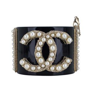 Chanel Black Resin / Faux Pearl Encrusted CC Clamper Cuff Bracelet c 2011